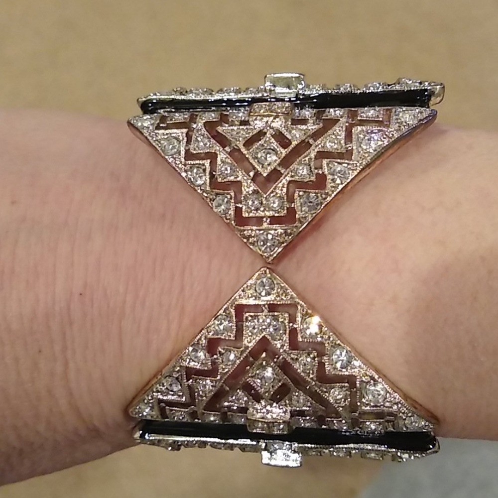 Cuff bracelet, Black and silver with fake diamonds
